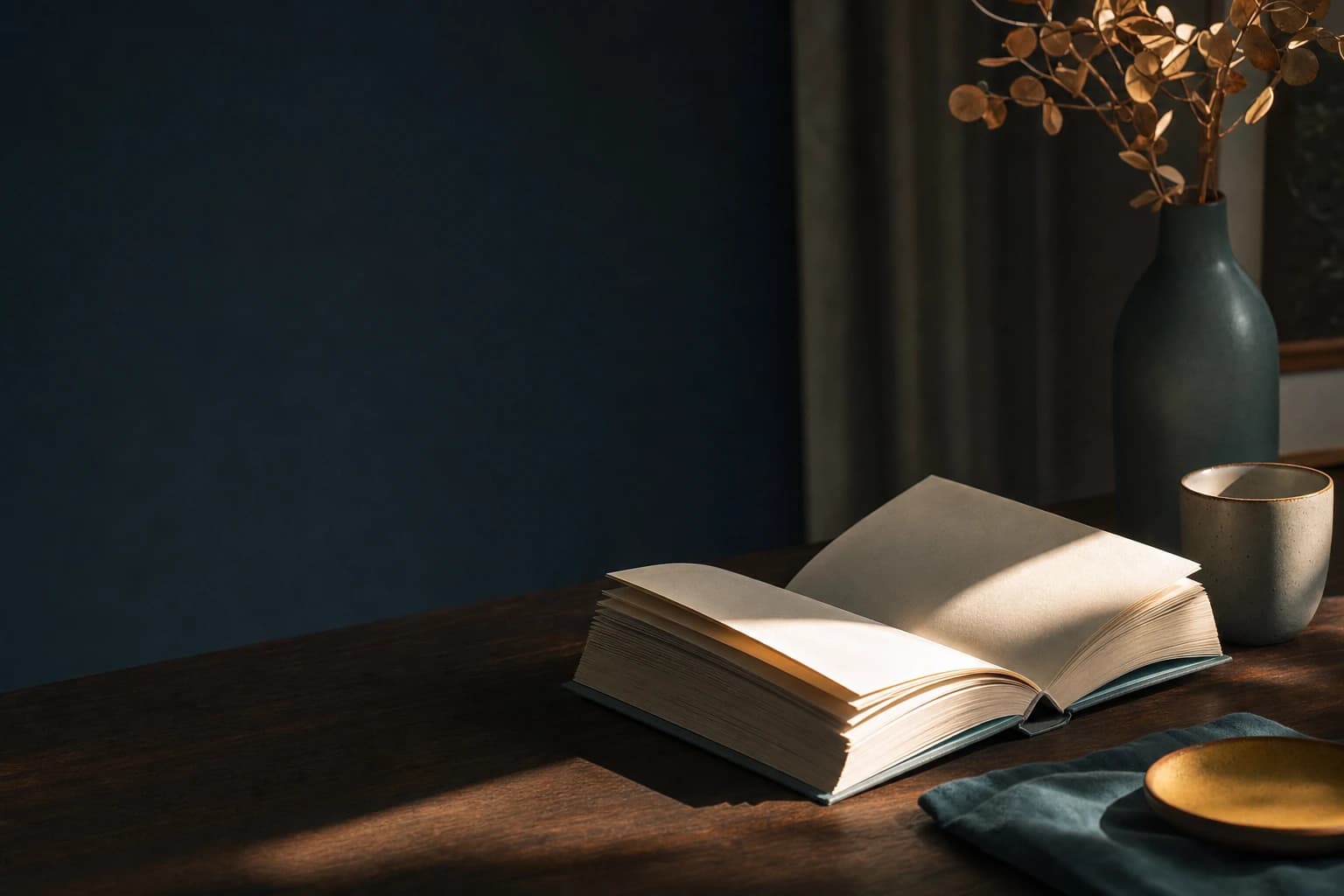 An open book in warm afternoon light beside a ceramic cup
