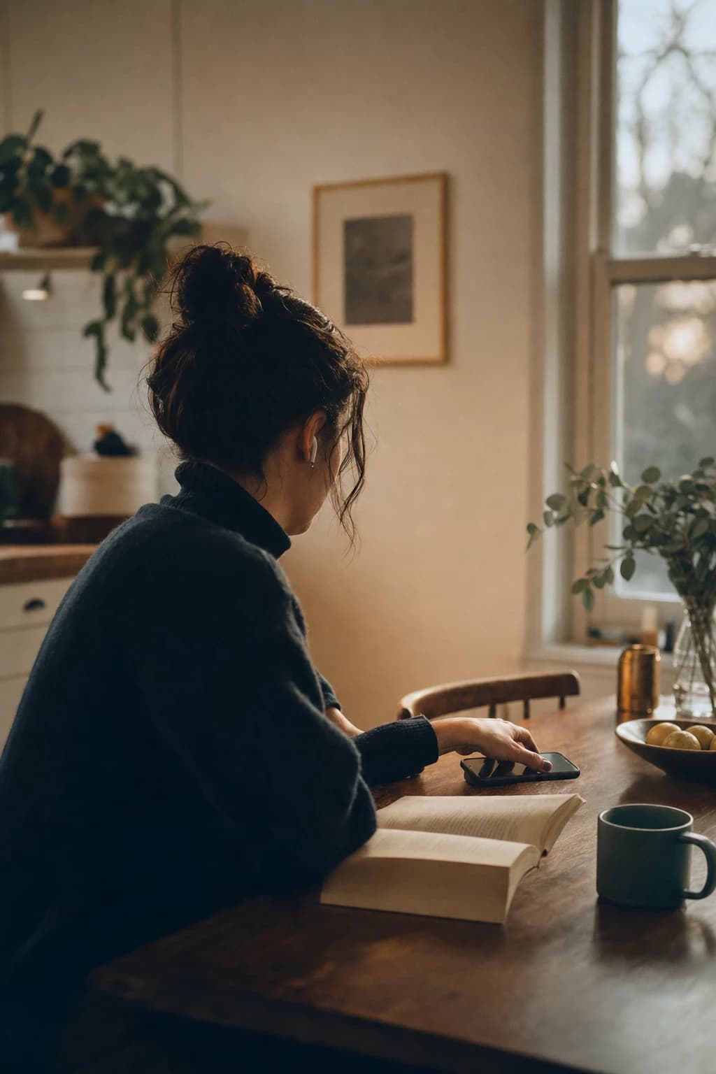 A busy adult listening at a table with an open book nearby